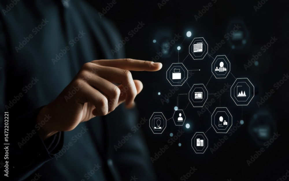 Aufkleber A businessman's hand interacts with a digital network interface showcasing interconnected icons representing data management, teamwork, and project planning. : Generative AI