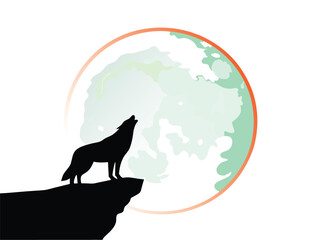 Howling Wolf Silhouette with Moon, Wilderness Animal Vector Illustration