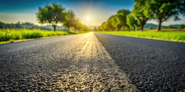 Asphalt road surface close-up view at sunset with blurred trees and green field in the background