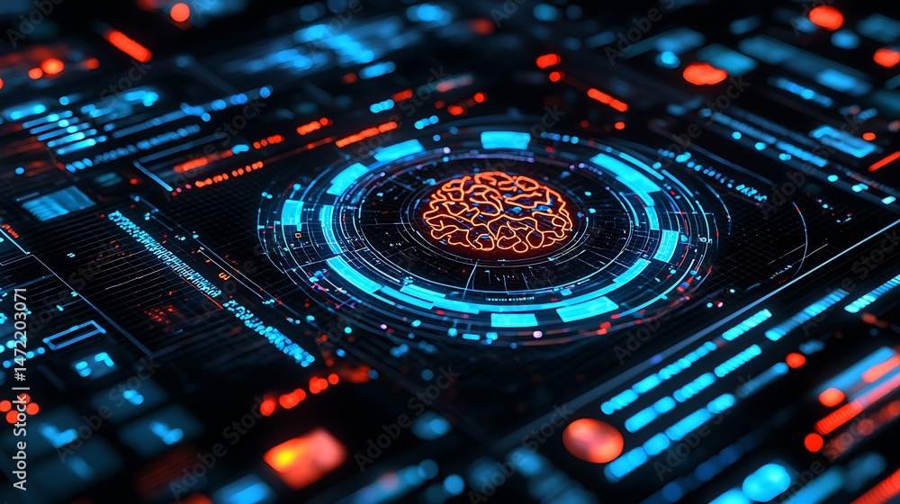 Poster exploring advanced neural network technology virtual environment digital graphics futuristic concept