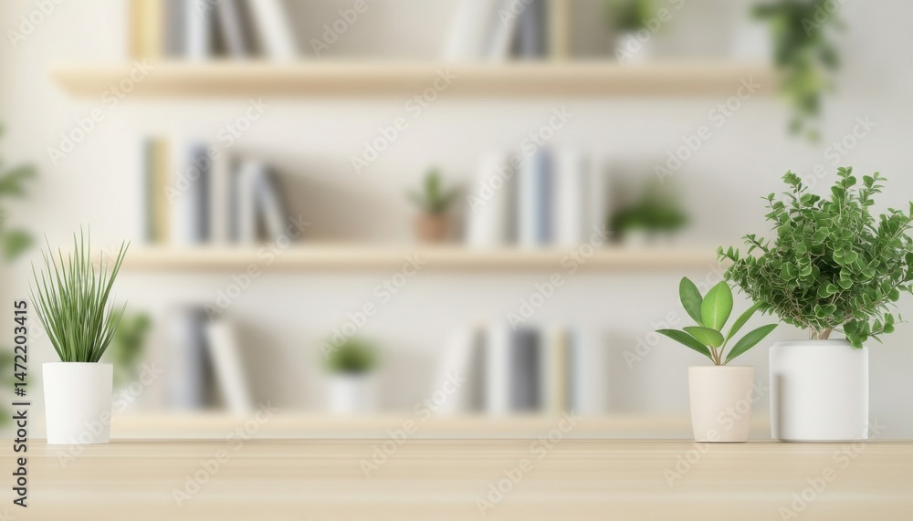Aufkleber three potted plants sit on a light wood table against a blurred background of bookshelves filled wit