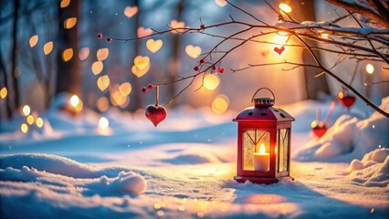 Romantic Winter Scene  A glowing lantern sits amidst snowy branches adorned with hearts and twinkling lights, creating a serene and enchanting winter wonderland.