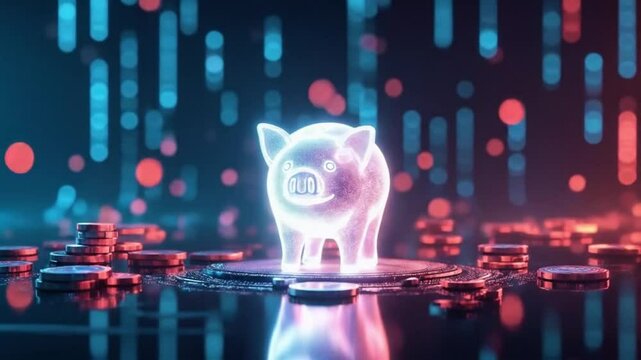 Holographic Piggy Bank Surrounded by Digital Coins AI Monetization Concept