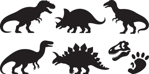 Black dinosaur silhouettes collection featuring t rex triceratops and other prehistoric creatures.