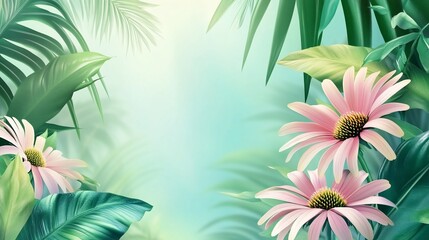 Obraz premium Lush tropical foliage frame with pink flowers. Soft light illuminates a vibrant botanical scene with various tropical leaves and pink flowers.