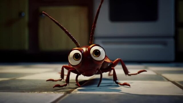 Exaggerated Cartoon Cockroach on Kitchen Tiles
