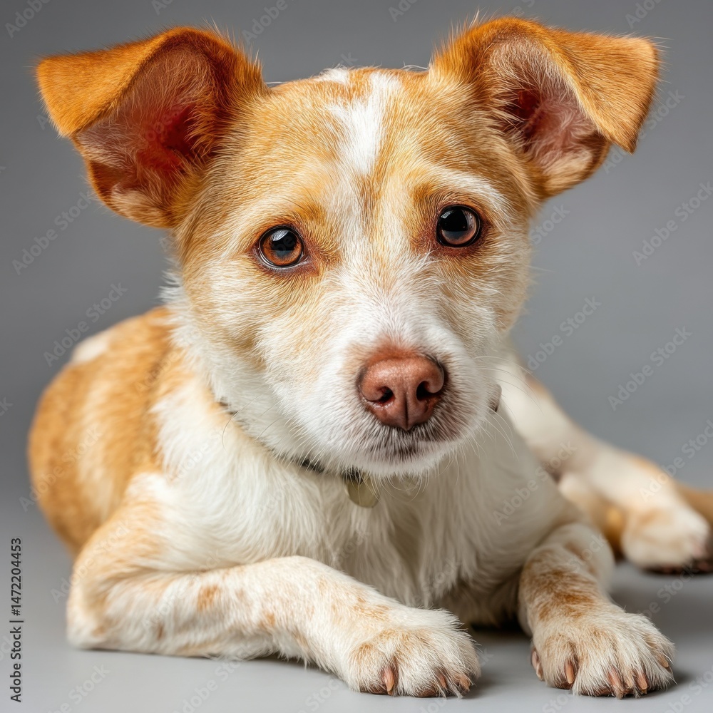Aufkleber adorable ginger and white terrier mix puppy lies down, gazing intently at the camera with big, expre
