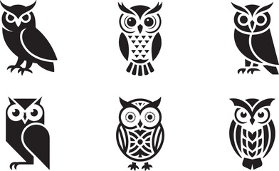Collection of six stylized black and white owl illustrations on a white background