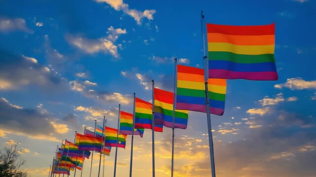 Colorful pride flags waving in the breeze, vibrant sunset sky, celebration of diversity and inclusion, perfect for social events.
