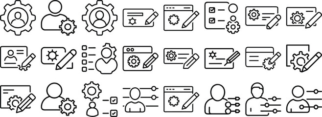 A set of vector icons depicting settings user management and configuration on a white background.