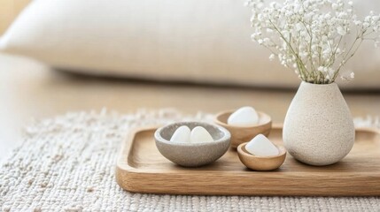 Serene spa setting with white stones, wooden tray, and gypsophila flowers in a textured vase, creating a calming atmosphere. : Generative AI