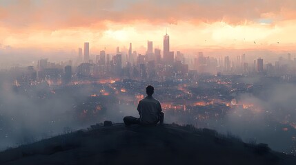 Man sitting on a hill overlooking a cityscape with a peaceful reflective gaze