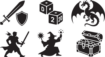Fantasy rpg icons sword shield dice dragon wizard treasure chest for games and designs