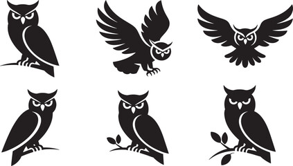 Naklejka premium Set of six black and white owl silhouettes representing wisdom and nature illustration