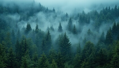 Lush green fir forest shrouded in mysterious swirling fog. Ideal for conveying themes of nature, peace, and adventure.