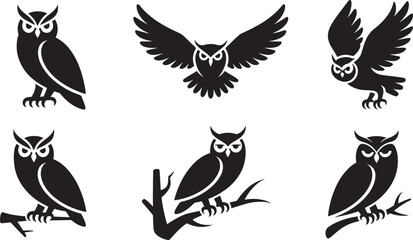 Set of six black owl silhouettes in different poses for designs and illustrations