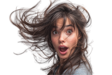 Astonished young woman with brown hair blowing in the wind surprised expression beautiful girl studio on transparent background