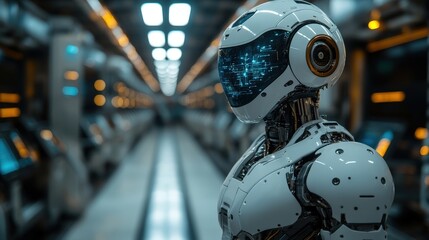 Fototapeta premium Advanced robotic figure inside a futuristic facility.