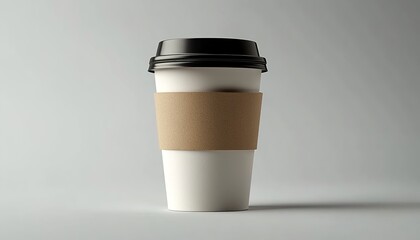 A paper coffee cup with a black lid and brown sleeve on a gray background.