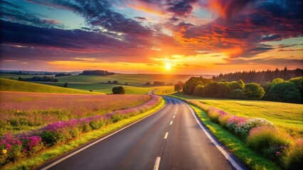 Serene Sunset Drive Through Rolling Hills and Wildflowers