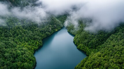 Aerial view of a serene, misty lake nestled within a lush, green forest, showcasing the tranquil beauty of nature's embrace. : Generative AI