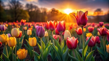 Vibrant tulips illuminated by the warm glow of a breathtaking sunset in a picturesque field