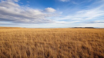 Obraz premium Expansive golden grassland under a partly cloudy sky, stretching to distant hills under a clear blue horizon. : Generative AI