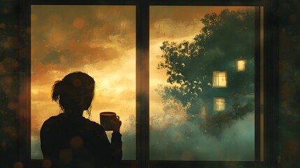 Person holding a cup of coffee gazing out the window lost in reflection