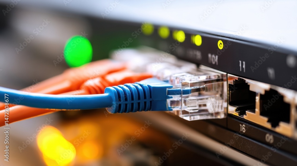 Poster close-up of ethernet cables plugged into a network switch, showcasing vibrant blue and orange connec