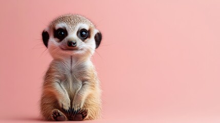 Fototapeta premium Cute baby meerkat full body portrait on light pink background for wildlife education and animal protection.