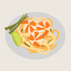 Pad thai shrimp noodle lime chive bean sprout traditional Asian cuisine delicious flat illustration plate food meal lunch dinner garnish vegetable egg stir fried sweet savory tangy protein seafood