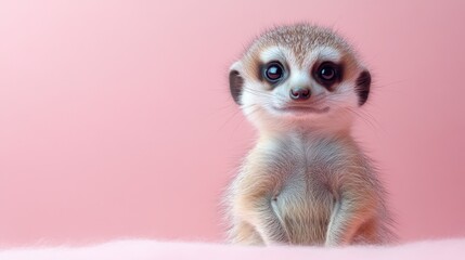 Obraz premium Cute baby meerkat full body portrait on light pink background for wildlife education and animal protection.