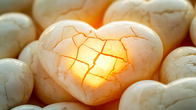 Cracked White Stone Hearts in Warm Soft Light