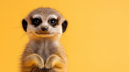 Cute baby meerkat full body portrait on light pink background for wildlife education and animal protection.