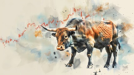 A powerful bull symbolizing growth and strength, blended with financial graphs, showcasing the dynamic nature of the market.