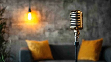 Vintage microphone in a dimly lit, cozy room.