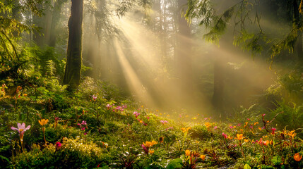 Delicate Forest Flowers Covered in Dew Amid Morning Mist and Sunlight