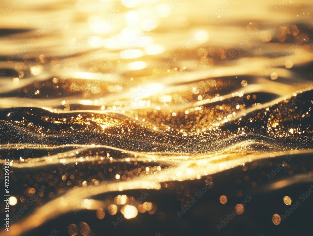 Poster golden hour water: shimmering waves reflecting sunlight, creating a luxurious, sparkling texture. id