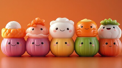 Row of cheerful food-themed figurines in vibrant colors.