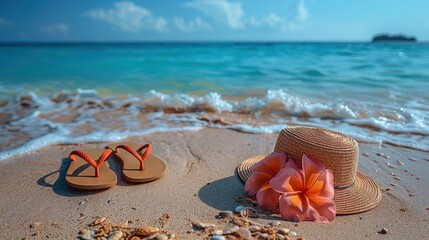 Summer Beach Scene with Flip Flops and Straw Hat
