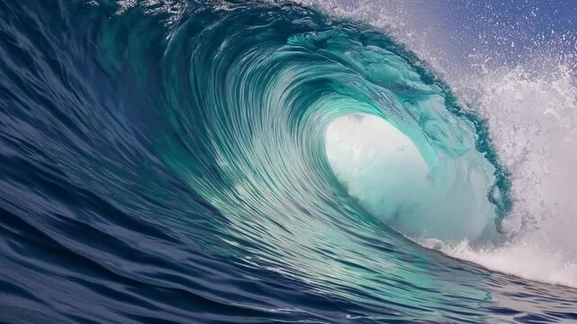 Majestic ocean wave curling with translucent turquoise water creating natural tunnel shape against blue sky. Perfect barrel wave showing raw power of nature