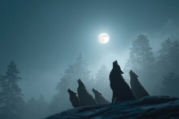 A majestic wolf pack howling under a full moon in a snowy forest, unity and mystery