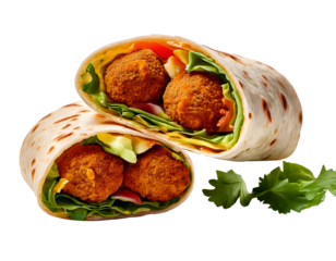 Falafel Wrap Sandwich with Fresh Vegetables and Sauce Isolated on Transparent and White Background | Healthy Vegan Middle Eastern Food for Menu, Packaging, and Advertisement Design