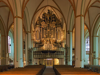 Luneburg, Germany. Main organ of St. Johannis (Church of John the Baptist). The church was built between 1300 and 1370 and repaired in 1420. The organ was constructed in 1553.