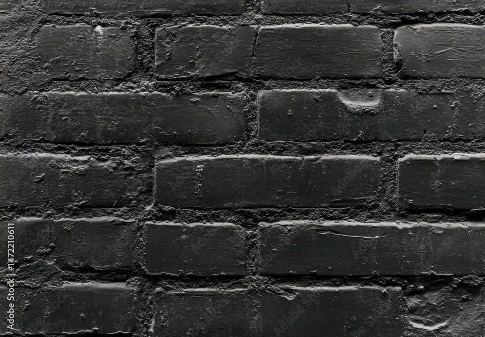 Poster a detailed close up of a black painted brick wall texture, showing the individual bricks and mortar,