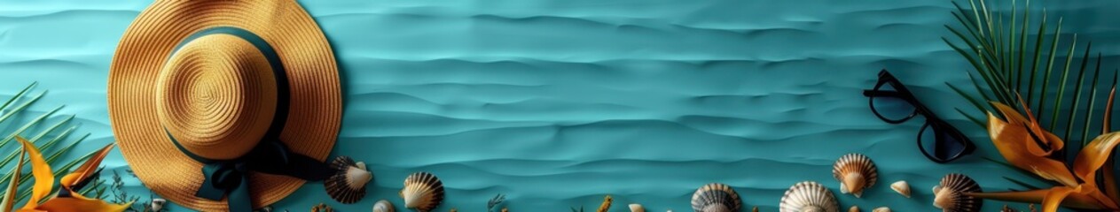 Summer Vacation Beach Scene with Straw Hat and Seashells