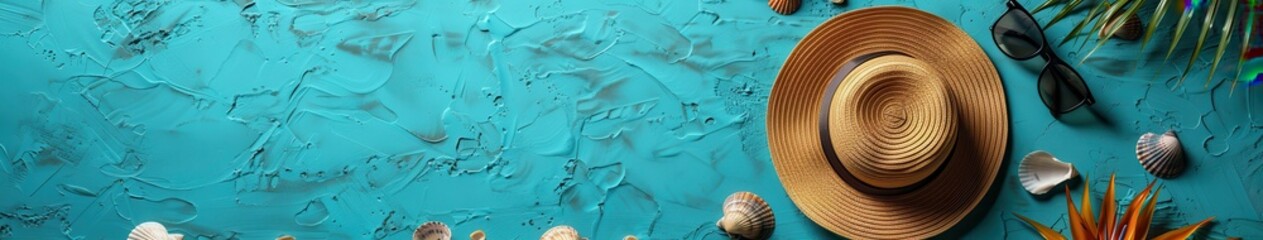 Summer Vacation Essentials on Turquoise Background