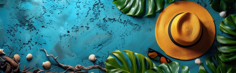 Summer Vacation Tropical Flatlay with Straw Hat and Monstera Leaves