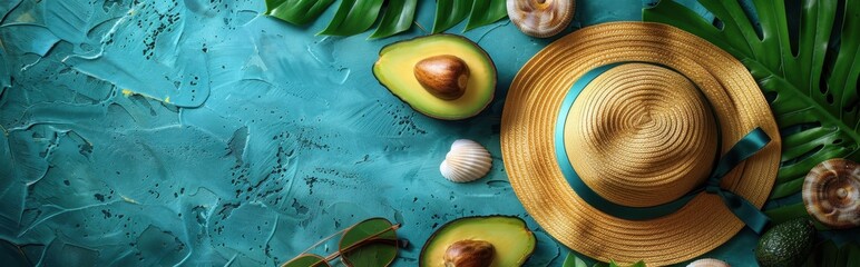 Summer Vacation Tropical Flat Lay with Straw Hat and Avocados