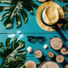 Summer Vacation Tropical Flatlay with Straw Hat and Sunglasses